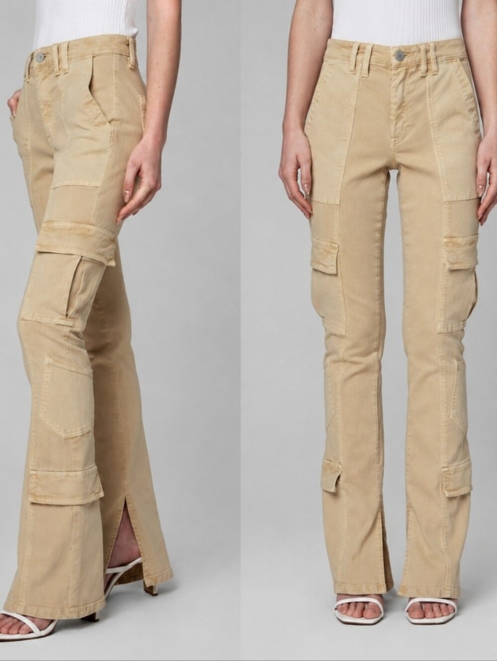 Blank NYC The Hoyt High Rise Mini Flare Cargo Pants Beige Khaki Slit Hem Size 30